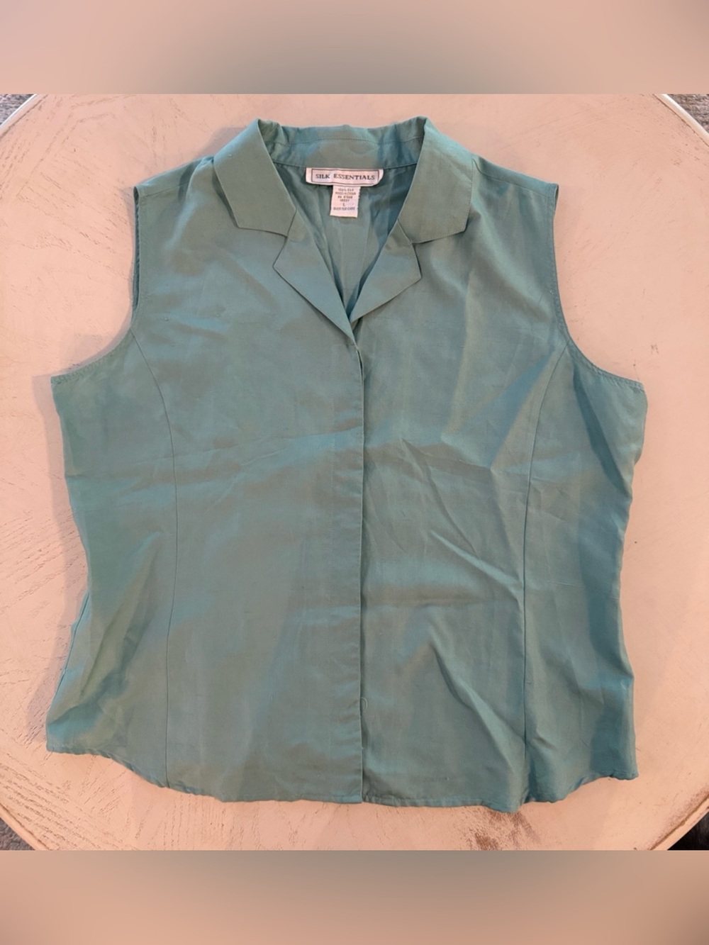 Silk Essentials Vtg Sleeveless Collared Button Up Top Seafoam Blue/Green Sz L